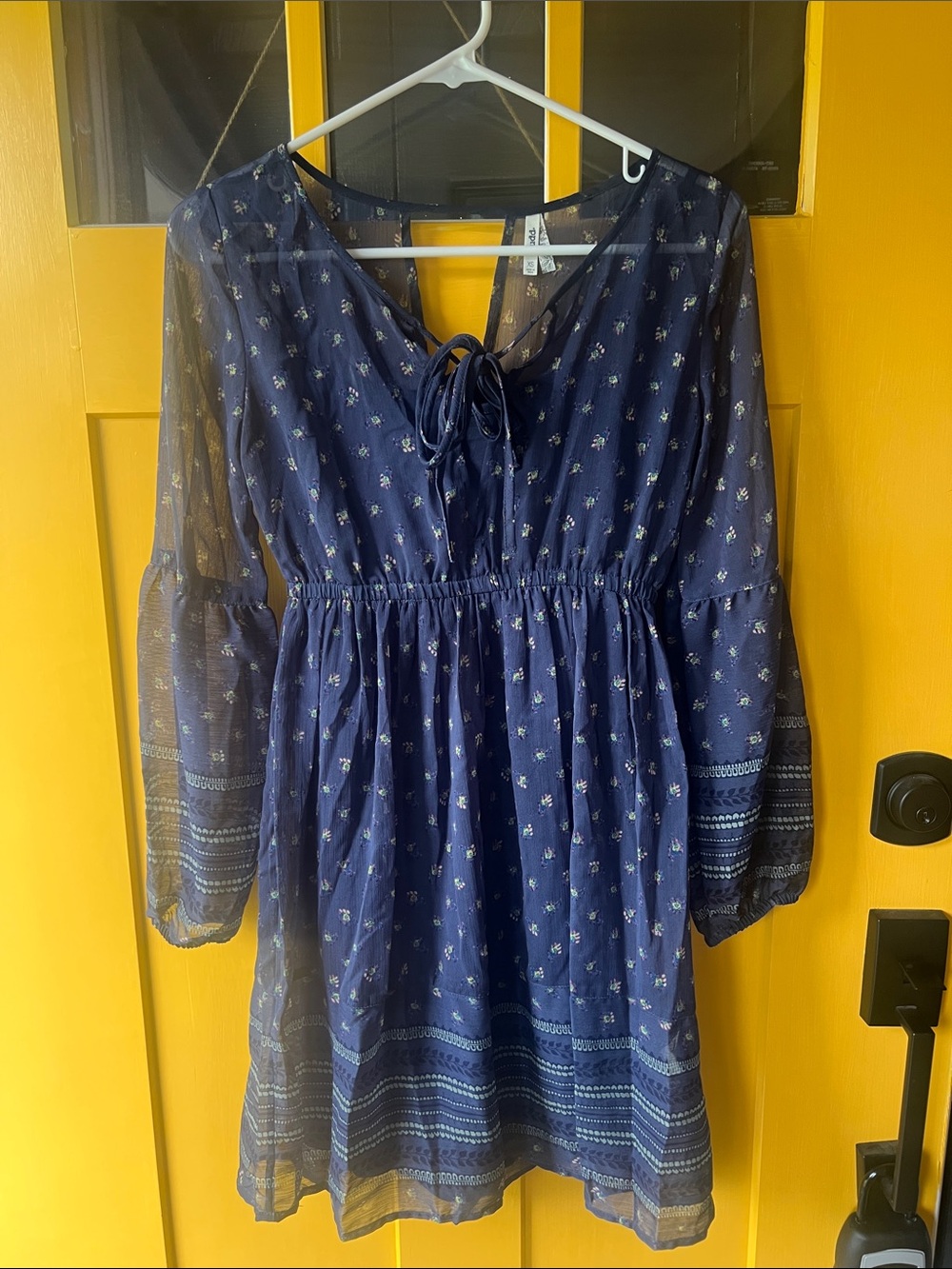 Navy Blue Floral Tie-Neck Boho Dress
